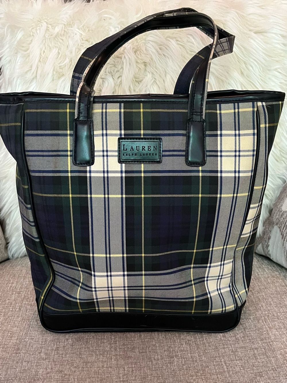 Vintage Lauren Ralph Lauren plaid tartan print leather trim tote interior pocket